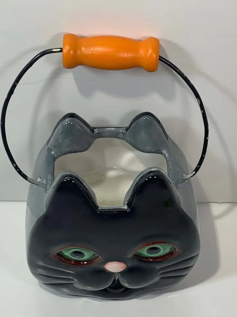 Black Cat Green Eyes  Halloween ceramic planter basket/vase decor